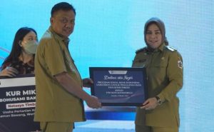 Wali Kota Tatong Bara saat menerima penghargaan dari gubernur dalam kegiatan GNPIP Provinsi Sulut. (Foto : Dinas Kominfo)