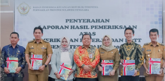 Pemda Buton Tengah saat menerima LHP dari BPK Sulawesi Tenggara Tahun Anggaran 2022 dan 2023. Senin (22/1/2024). Foto : IST