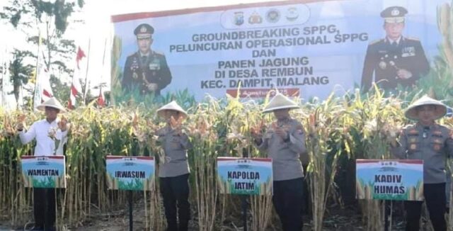 Panen jagung seluas 200 hektare di Kabupaten Malang, hasil kolaborasi Polres Malang, kelompok tani, Forkopimda, dan sektor swasta, melibatkan 354 petani lokal sebagai bukti nyata keberhasilan program ketahanan pangan. (6/8/2025). Foto : Dwi