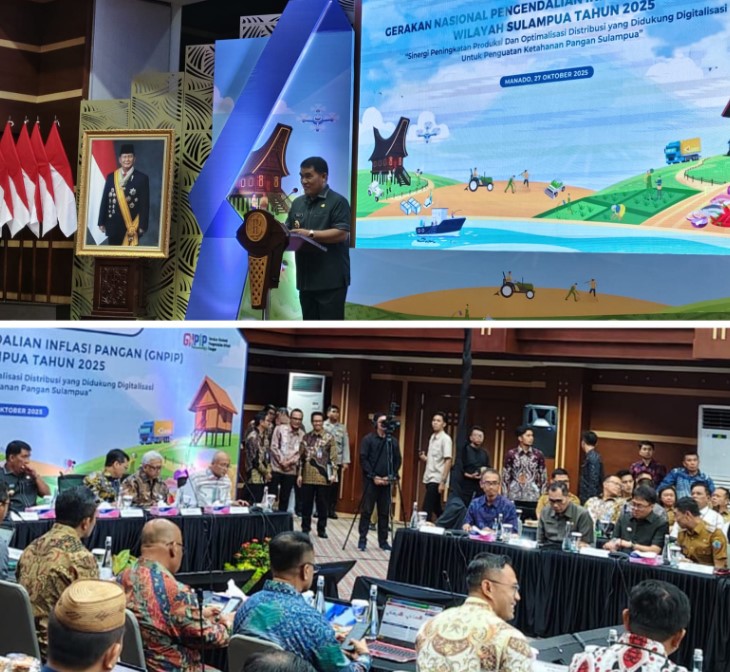 Wali Kota Manado Andrei Angouw menghadiri kegiatan Gerakan Nasional Pengendalian Inflasi Pangan (GNPIP) Wilayah Sulampua 2025 yang digelar di Kantor Perwakilan Bank Indonesia Sulawesi Utara, Senin, 26 Oktober 2025. (Foto: Diskominfo Manado)
