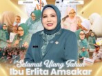Ny Erlita Amsakar, Ketua TPP PKK Kota Batam, merayakan ulang tahunnya pada Selasa, 29 Oktober 2025, dengan doa dan harapan agar terus menjadi inspirasi bagi masyarakat. (Design: Rasyid)