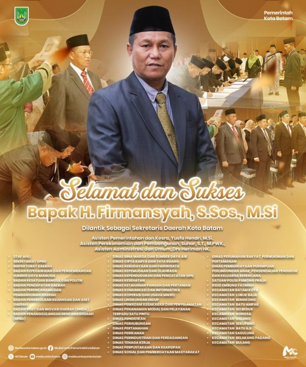 Wali Kota Batam melantik H. Firmansyah, S.Sos., M.Si. sebagai Sekretaris Daerah Kota Batam di Aula Engku Hamidah, Kantor Wali Kota Batam, Jumat (1/11/2025). Pelantikan ini menjadi langkah strategis memperkuat koordinasi pemerintahan dan percepatan pembangunan. Foto: Dokumentasi Prokopim Setdako Batam