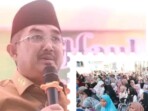 Bupati Tanjung Jabung Barat Drs. H. Anwar Sadat, M.Ag., menyampaikan tausyiah dalam peringatan Haul Syekh Abdul Qadir Al-Jailani dan ulama besar lainnya di halaman Masjid An-Nur, Desa Tanjung Senjulang, Kecamatan Bram Itam, Senin (3/11/2025) sore. Foto : Jun/ikn
